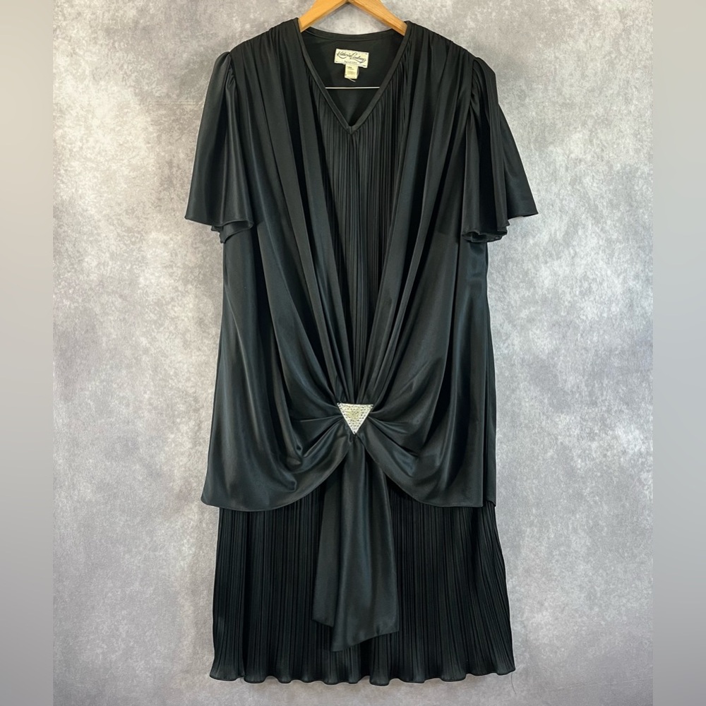 Vintage Katherine Lindsay Dress Women 16 Black Pleated Draped V-Neck Rhinestones